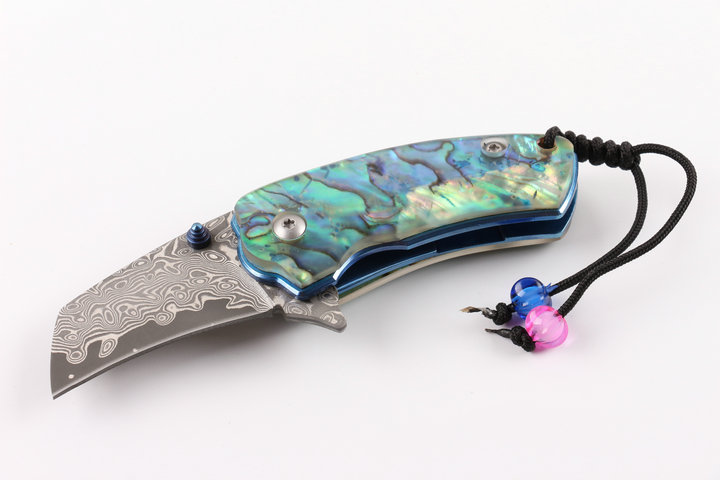 Damascus Little brother wood and abalone handle material folding pcoket knife UD404942